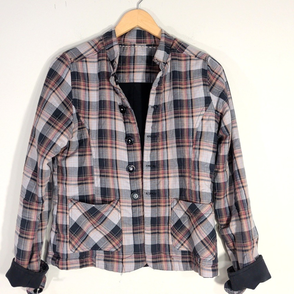 Reversible Black Plaid Jacket; Contrast Stitching Button Up